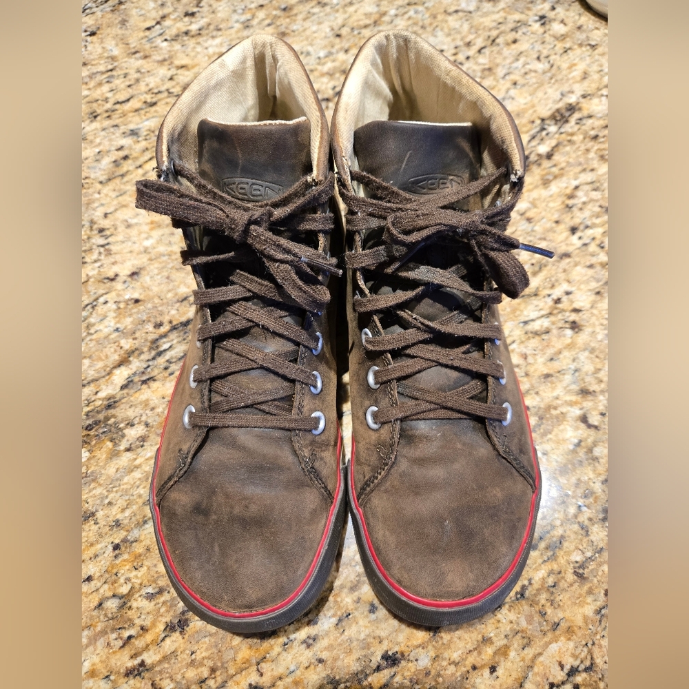 Keen, Men's High Top Leather Sneaker Boots, Brown w/ Red Highlight, Size 10.5